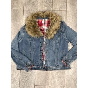 Westport 1962 Womens XL Denim Jacket Faux Fur Collar Plaid Flannel Lined